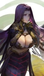 Rule 34 | 1girl, absurdres, bad id, bad twitter id, breasts, bustier, claws, cleavage, closed mouth, dokshuri, fate/grand order, fate (series), female focus, snake hair, gorgon (fate), hands up, highres, large breasts, long hair, matching hair/eyes, medusa (fate), medusa (rider) (fate), midriff, monster girl, navel, purple eyes, purple hair, rider, scales, snake, very long hair, wings