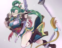Rule 34 | 1girl, absurdres, aiming, armor, arrow (projectile), asymmetrical bangs, blurry, boots, bow (weapon), breasts, depth of field, drawing bow, dress, ebinku, feather hair ornament, feathers, fingerless gloves, fire emblem, fire emblem: the blazing blade, fire emblem heroes, gloves, green eyes, green hair, grey background, hair between eyes, hair ornament, highres, holding, holding bow (weapon), holding weapon, leather, leather gloves, lips, long hair, lyn (fire emblem), medium breasts, nintendo, one eye closed, pelvic curtain, ponytail, quiver, sash, scabbard, sheath, shoulder armor, side slit, simple background, solo, sword, thighs, weapon