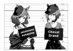 Rule 34 | 2girls, animal ears, bare shoulders, baseball cap, belt, character name, cheval grand (boc&#039;z) (umamusume), cheval grand (umamusume), choker, closed mouth, crop top, ears through headwear, flying sweatdrops, greyscale, hair ornament, hairclip, hat, height, horse ears, jacket, long sleeves, looking at another, looking at viewer, matikane tannhauser (boc&#039;z) (umamusume), matikane tannhauser (umamusume), medium hair, midriff, monochrome, mugshot, multicolored hair, multiple girls, navel, off shoulder, open mouth, short hair, skirt, smile, streaked hair, umamusume, upper body, v-shaped eyebrows, wakkigen