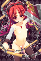 Rule 34 | 10s, 1girl, angry, asami asami, black thighhighs, blush, censored, chain, clenched teeth, collarbone, detached sleeves, food, long hair, looking at viewer, magical girl, mahou shoujo madoka magica, mahou shoujo madoka magica (anime), novelty censor, nude, petite, pocky, polearm, ponytail, red eyes, red hair, sakura kyoko, sakura kyoko (magical girl), solo, spear, teeth, thighhighs, torn clothes, weapon