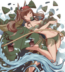 Rule 34 | 1girl, absurdres, angelina (arknights), animal ears, arknights, armband, bad id, bad pixiv id, bare arms, bare legs, bare shoulders, barefoot, bikini, breasts, brown hair, cleavage, commentary request, fox ears, green bikini, hairband, highres, long hair, looking at viewer, medium breasts, mirrorya, mouth hold, navel, red eyes, red hairband, see-through, solo, stomach, swimsuit, thighs, twintails