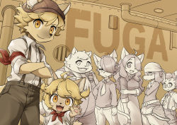 Rule 34 | 2girls, 5boys, absurdres, ahoge, armband, blonde hair, boron brioche, breasts, collared shirt, commentary request, copyright name, cowboy shot, ears through headwear, fangs, floppy ears, from side, furry, furry female, glasses, hanna fondant, highres, indoors, jin macchiato, konazarame, kyle bavarois, large breasts, little tail bronx, long hair, long skirt, looking at viewer, malt marzipan, mei marzipan, multiple boys, multiple girls, necktie, notched ear, open mouth, red armband, red scarf, scarf, senjou no fuuga, sepia, sepia background, shirt, short hair, shorts, skirt, small breasts, smile, socks million, suspender shorts, suspenders, yellow eyes