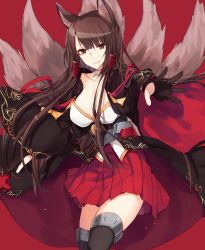 Rule 34 | 1girl, akagi (azur lane), animal ears, azur lane, black hair, black thighhighs, blush, breasts, cleavage, closed mouth, cowboy shot, foreshortening, fox ears, fox tail, hakama, hakama short skirt, hakama skirt, highres, japanese clothes, kinona, large breasts, long hair, long sleeves, looking at viewer, multiple tails, parted lips, red eyes, skirt, smile, solo, tail, thighhighs, wide sleeves