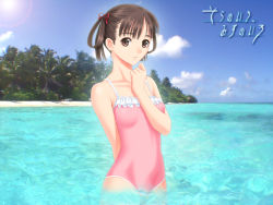Rule 34 | 00s, 1girl, arm behind back, beach, black hair, casual one-piece swimsuit, day, forest, frilled swimsuit, frills, hair rings, hand to own mouth, nature, ocean, one-piece swimsuit, outdoors, palm tree, photo background, solo, sora no iro mizu no iro, sorayama natsume, sun, swimsuit, tony taka, tree, water