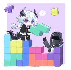 Rule 34 | 1boy, 1other, ?, arknights, black gloves, black suit, block (object), border, chibi, chibi only, collared shirt, commentary, doctor (arknights), dragon boy, dragon horns, dragon tail, empty eyes, english commentary, formal, full body, gloves, grey hair, hood, hood up, hooded jacket, horns, jacket, long hair, mask, necktie, playing games, purple background, purple eyes, purple necktie, puzzle (arknights), shirt, simple background, soppos, speech bubble, spoken question mark, suit, tail, tail belt, tetris, torn clothes, white shirt