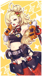 1girl armpits axe belt black_shorts blonde_hair breasts buckle choker commentary_request copyright_name detached_pants detached_sleeves earrings gloves gogatsu_no_renkyuu goggles goggles_around_neck green_eyes hair_bun hand_up highres jewelry long_hair midriff navel one_eye_closed open_mouth orange_gloves piper_wheel planted planted_axe red_choker shorts simple_background small_breasts snap-fit_buckle solo stomach white_sleeves yawning yellow_background zenless_zone_zero