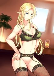 Rule 34 | &gt;:), 1girl, armpits, bar censor, blonde hair, blue eyes, bottomless, bra, breasts, brown thighhighs, censored, cleavage, collarbone, covered erect nipples, cowboy shot, cup, day, drinking glass, elf, garter belt, green bra, hand on own hip, heart, heart print, ice, ice cube, kuurunaitsu, lace, lace-trimmed bra, lace-trimmed legwear, lace trim, large breasts, looking at viewer, original, parted bangs, pointy ears, print thighhighs, sidelocks, smile, solo, sunlight, thighhighs, underwear, v-shaped eyebrows, window