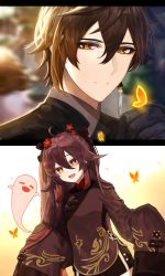 Rule 34 | 1boy, 1girl, absurdres, ahoge, bad id, bad pixiv id, black gloves, black shorts, blurry, blurry background, breasts, brown hair, bug, butterfly, chinese clothes, coat, colored tips, commentary, dutch angle, earrings, english commentary, eyeliner, flower, flower-shaped pupils, genshin impact, ghost, gloves, gradient hair, hair between eyes, hair flower, hair ornament, highres, hu tao (genshin impact), insect, jewelry, long sleeves, looking at viewer, makeup, multicolored hair, open mouth, orange hair, parted lips, plum blossoms, red eyes, red hair, red shirt, shirt, shorts, simple background, single earring, sleeves past wrists, smile, sp0i0ppp, symbol-shaped pupils, tassel, tassel earrings, twintails, white background, yellow eyes, zhongli (genshin impact)