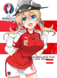 Rule 34 | 10s, 1girl, alternate costume, anchor hair ornament, blonde hair, blue eyes, breasts, euro 2016, fujii jun, gloves, hair between eyes, hair ornament, hat, kantai collection, large breasts, long hair, looking at viewer, open mouth, peaked cap, prinz eugen (kancolle), puma (brand), soccer, soccer uniform, solo, sportswear, white gloves