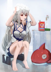 Rule 34 | 1girl, arknights, armpits, arms up, bare legs, bare shoulders, barefoot, bath stool, bathroom, black choker, blouse, blue shorts, breasts, choker, cleavage, faucet, female focus, grey hair, highres, indoors, inflatable orca, inflatable toy, krirk, large breasts, long hair, mouth hold, official alternate costume, red eyes, shirt, short shorts, shorts, skadi (arknights), skadi (waverider) (arknights), sleeveless, sleeveless shirt, soap bottle, solo, stool, toothbrush, very long hair, washing hair, white shirt