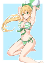 Rule 34 | 1girl, armpits, arms behind head, arms up, bad id, bad pixiv id, ball, barefoot, beachball, bikini, blonde hair, blue background, blush, bow, braid, breasts, cleavage, closed mouth, floating hair, front-tie bikini top, front-tie top, green bikini, green bow, green eyes, green ribbon, hair between eyes, hair bow, highres, leafa, long hair, looking at viewer, medium breasts, navel, pointy ears, ribbon, shemry akatsuki, side-tie bikini bottom, sideboob, smile, solo, strapless, strapless bikini, striped bikini, striped clothes, swimsuit, sword art online, twin braids, two-tone background, very long hair, white background