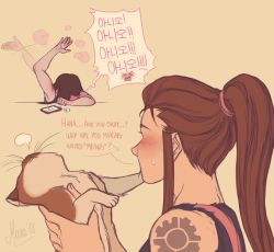 Rule 34 | &gt; &lt;, 2girls, afterimage, animal, arm rest, arm up, artist name, bare arms, bare shoulders, blush, brigitte (overwatch), brown hair, camisole, cat, cellphone, covering face, d.va (overwatch), embarrassed, english text, freckles, full-face blush, fur, hair tie, head on table, head rest, high ponytail, highres, holding, holding animal, holding cat, in the face, korean text, long hair, looking at another, multiple girls, murasaki-yuri, overwatch, overwatch 1, phone, ponytail, shirt, shoulder tattoo, shouting, signature, simple background, sleeveless, sleeveless shirt, smartphone, speech bubble, talking, tattoo, waving arm, whiskers