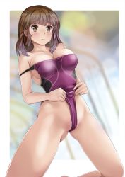 Rule 34 | 1girl, bare legs, bare shoulders, barefoot, blunt bangs, blurry, blurry background, blush, breasts, brown eyes, brown hair, cleavage, collarbone, competition swimsuit, frontal wedgie, gluteal fold, highres, kneeling, large breasts, legs apart, long hair, mashinatsu, one-piece swimsuit, original, partially visible vulva, purple one-piece swimsuit, skin tight, solo, strap slip, swimsuit, tareme, wedgie
