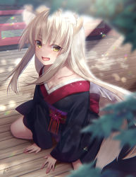 Rule 34 | 1girl, :d, animal ear fluff, animal ears, black kimono, blonde hair, blurry, blurry foreground, breasts, cleavage, collarbone, commentary, day, depth of field, fang, floating hair, fox ears, fox girl, fox tail, from above, highres, japanese clothes, kimono, leaf, light rays, long hair, long sleeves, looking at viewer, obi, on floor, open mouth, original, sash, short kimono, sidelocks, signature, sitting, small breasts, smile, solo, sparkle, straight hair, sunlight, suzuki nene, tail, wariza, wide sleeves, wooden floor, yellow eyes