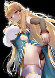 Rule 34 | 1girl, ascot, ass, black bow, black panties, blonde hair, blue dress, blue eyes, blunt bangs, blush, bow, breasts, brooch, detached sleeves, dress, elf, hair bow, hanba rou, highres, jewelry, large breasts, long hair, looking at viewer, panties, pointy ears, princess connect!, saren (princess connect!), sidelocks, solo, sparkle, thighhighs, tiara, underbust, underwear, white thighhighs