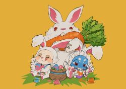 Rule 34 | 2boys, :q, animal, animal costume, animal ears, basket, blue skin, blush stickers, rabbit, rabbit costume, carrot, colored skin, cottontail fizz, cottontail teemo, egg, closed eyes, fake animal ears, fish boy, fizz (league of legends), ghostgrass, holding, league of legends, male focus, multiple boys, open mouth, orange background, oversized animal, paintbrush, rabbit ears, red eyes, simple background, sitting, smile, teemo, teeth, tongue, tongue out, yordle