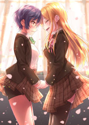 Rule 34 | 2girls, bike shorts, black jacket, black legwear, blazer, blue hair, bow, bowtie, brown eyes, brown skirt, crying, crying with eyes open, closed eyes, facing another, holding hands, highres, indoors, jacket, kishinaito, long hair, looking at another, multiple girls, open mouth, original, plaid, plaid skirt, school uniform, short hair, skirt, tears, thighhighs, window, yuri