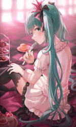 Rule 34 | 1girl, absurdres, aqua eyes, blush, cake, checkered blanket, commentary, dress, food, fork, from behind, frown, green eyes, green hair, hair ribbon, hatsune miku, highres, holding, holding fork, knees up, long hair, looking at viewer, ribbon, short sleeves, sitting, solo, strawberry shortcake, supreme (module), thighhighs, tokkyu, twintails, very long hair, vocaloid, world is mine (vocaloid)