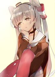 Rule 34 | 1girl, absurdres, amatsukaze (kancolle), atsumi jun, choker, eyebrows, hair tubes, hand on own cheek, hand on own face, head rest, head tilt, highres, hugging own legs, kantai collection, lifebuoy, light particles, long hair, long sleeves, orange eyes, parted lips, red thighhighs, sailor collar, silver hair, sitting, solo, swim ring, thigh strap, thighhighs, two side up, yellow background