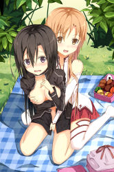 Rule 34 | 10s, 2girls, asuna (sao), bare shoulders, bento, black eyes, black hair, black jacket, blanket, blush, grabbing another&#039;s breast, breast hold, breasts, breasts out, brown eyes, brown hair, detached sleeves, food, genderswap, genderswap (mtf), gloves, grabbing, grabbing from behind, grass, groping, hair between eyes, highres, jacket, kirito, kirito (sao-ggo), long hair, long sleeves, miniskirt, multiple girls, nervous, nipples, no bra, nose blush, open clothes, open jacket, open mouth, outdoors, picnic, plant, reach-around, red skirt, sitting, skirt, sleeveless, smile, sunlight, sword art online, thighhighs, tianya beiming, wariza, wavy mouth, weapon, white thighhighs, yuri