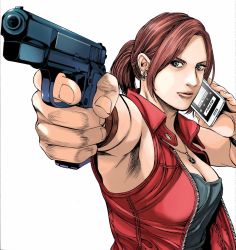 Rule 34 | 1girl, armpits, black tank top, blue eyes, bracelet, breasts, brown hair, cellphone, claire redfield, cleavage, commentary request, earrings, gun, highres, holding, holding gun, holding phone, holding weapon, jacket, jewelry, long hair, looking at viewer, medium breasts, naoki serizawa, necklace, phone, fake phone screenshot, ponytail, red jacket, red vest, resident evil, shirt, sleeveless, sleeveless shirt, smartphone, solo, tank top, upper body, vest, weapon
