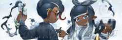 1boy 1girl artist_name bandana black_bandana black_hair black_jacket blunt_bangs closed_mouth commentary commission commissioner_name dapple_dualies_(splatoon) dark-skinned_female dark-skinned_male dark_skin dual_wielding glint gradient_hair grey_eyes grey_sweater highres holding holding_weapon inkling inkling_girl inkling_player_character jacket jinkoika long_hair long_sleeves multicolored_hair nintendo octoling octoling_boy octoling_player_character parted_lips pointy_ears red_eyes red_hair round_eyewear sample_watermark short_hair smile splat_dualies_(splatoon) splatoon_(series) sunglasses sweater symbol-only_commentary tentacle_hair turtleneck turtleneck_sweater two-tone_hair upper_body watermark weapon white_jacket yellow-framed_eyewear