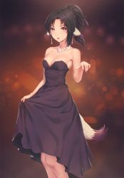 Rule 34 | 1girl, alternate costume, alternate hairstyle, animal ears, arm up, armpits, bad id, bad pixiv id, bare shoulders, black background, black dress, black hair, breasts, cleavage, collarbone, cowboy shot, cropped legs, dress, earrings, eruruu, feet out of frame, fingernails, glint, gradient background, half updo, highres, jewelry, light particles, looking at viewer, medium breasts, miura-n315, nail polish, necklace, open mouth, orange background, orange eyes, parted lips, ponytail, red nails, short ponytail, simple background, skirt hold, solo, standing, strapless, strapless dress, tail, utawarerumono