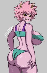 Rule 34 | 1girl, areola slip, ashido mina, ass, bare shoulders, black sclera, boku no hero academia, breasts, colored sclera, colored skin, duo kawa, grin, horns, large breasts, looking at viewer, open mouth, pink hair, pink skin, shiny skin, short hair, simple background, smile, solo, sweat, underboob, white background, yellow eyes