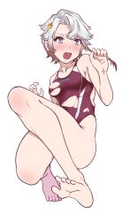 Rule 34 | 1girl, aiuti, akishimo (kancolle), areola slip, asymmetrical hair, barefoot, breasts, brown hair, collarbone, competition swimsuit, full body, gradient hair, hair ornament, highleg, highleg swimsuit, highres, kantai collection, leaf hair ornament, looking at viewer, multicolored hair, one-piece swimsuit, open mouth, purple one-piece swimsuit, short hair, short hair with long locks, silver hair, simple background, small breasts, solo, swimsuit, torn clothes, torn swimsuit, white background