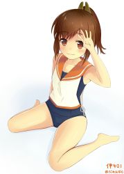 Rule 34 | 10s, 1girl, :3, brown eyes, brown hair, burenbo, burenbo-chan, collarbone, highres, i-401 (kancolle), kantai collection, looking at viewer, md5 mismatch, ponytail, sailor collar, school swimsuit, short hair, signature, simple background, sitting, solo, swimsuit, wariza, white background