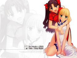 Rule 34 | 00s, 2girls, artoria pendragon (fate), blonde hair, character name, china dress, chinese clothes, copyright name, dress, fate/stay night, fate (series), female focus, multiple girls, saber (fate), sitting, takeuchi takashi, tohsaka rin, turtleneck, two side up, wallpaper, wariza, white background, zoom layer