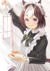 Rule 34 | 1girl, absurdres, alternate costume, animal ears, arm up, blush, commentary request, cup, enmaided, hair between eyes, hair ornament, highres, holding, holding cup, horse ears, horse girl, looking at viewer, maid, maid headdress, plate, pouring, purple eyes, ribbon, shiranui (jari boy), solo, special week (umamusume), teacup, teapot, umamusume, window