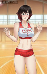Rule 34 | 1girl, absurdres, alternate costume, artist name, bare shoulders, black hair, blurry, blurry background, blush, breasts, buruma, collarbone, copyright name, floral print, grey eyes, gym, gym uniform, hands up, highres, index finger raised, indoors, jersey, looking at viewer, medium breasts, midriff, multicolored hair, navel, number print, open mouth, red buruma, red hair, rose print, ruby rose, rwby, short hair, solo, sports bra, stomach, tehshraid, thighs, two-tone hair