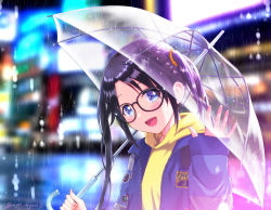 Rule 34 | 1girl, black hair, blue eyes, blue jacket, blurry, blurry background, commentary request, glasses, highres, hood, hoodie, idolmaster, idolmaster shiny colors, jacket, long hair, looking at viewer, m-shiganai, mitsumine yuika, nail polish, night, rain, real world location, shibuya (tokyo), solo, tokyo (city), transparent, transparent umbrella, twintails, umbrella, upper body, waving, yellow hoodie