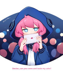 Rule 34 | 1girl, ahoge, arknights, black ribbon, blue eyes, blue jacket, blue poison (arknights), blush, covered mouth, english text, envelope, highres, holding, holding envelope, hood, hood up, hooded jacket, jacket, long hair, low twintails, neck ribbon, open clothes, open jacket, pink hair, rectangular pupils, ribbon, shirt, solo, twintails, udon wudong, upper body, wax seal, white background, white shirt