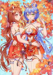 Rule 34 | 2girls, absurdres, animal ears, bare shoulders, blue hair, blush, bow, breasts, bridal garter, brown hair, china dress, chinese clothes, cleavage, clothing cutout, dress, eastern dragon horns, flower, green eyes, hair ornament, hair rings, hand up, heart, highres, large breasts, long hair, looking at viewer, low-tied long hair, low twintails, lower body, luo tianyi, multiple girls, orange eyes, petals, red dress, red eyes, smile, thigh strap, thighhighs, thighs, twintails, very long hair, vocaloid, vsinger, wuyinlou, yuezheng ling