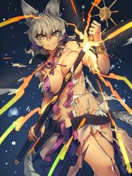 Rule 34 | 1girl, blonde hair, bracelet, breasts squeezed together, breasts, cleavage, exploding clothes, female focus, groin, highres, jewelry, large breasts, looking at viewer, melon22, no bra, no panties, pointy ears, scabbard, sheath, shirt, silver hair, skirt, smile, solo, sword, torn clothes, torn shirt, torn skirt, touhou, toyosatomimi no miko, unsheathing, weapon, yellow eyes