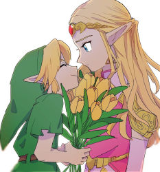 Rule 34 | 1boy, 1girl, age difference, armor, belt, blonde hair, blue eyes, bouquet, child, circlet, closed mouth, dress, earrings, elbow gloves, eyebrows, closed eyes, face-to-face, flower, forehead jewel, from side, gloves, green headwear, hat, holding, holding flower, jewelry, link, long hair, looking at another, nintendo, pink dress, pointy ears, princess zelda, profile, short hair, short sleeves, shoulder armor, sidelocks, simple background, size difference, smile, standing, the legend of zelda, the legend of zelda: ocarina of time, triforce, triforce earrings, tunic, upper body, white background, yamoooon21, yellow flower, young link