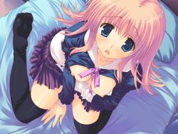 Rule 34 | 00s, 1girl, bed, blue eyes, blush, breasts, dutch angle, game cg, milfa (to heart), mitsumi misato, nipples, open clothes, open shirt, pink hair, shirt, skirt, solo, thighhighs, to heart (series), to heart 2, to heart 2 ad