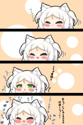 Rule 34 | 1girl, 1other, 4koma, :3, :d, ^^^, absurdres, animal ear fluff, animal ears, azur lane, blush stickers, chibi, closed eyes, closed mouth, comic, commander (azur lane), commentary request, gloves, green eyes, hands up, highres, kurukurumagical, multicolored hair, open mouth, out of frame, parted bangs, sims (azur lane), smile, surprised, translation request, two-tone hair, white gloves, white hair
