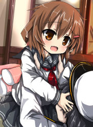 Rule 34 | 10s, 1boy, 1girl, admiral (kancolle), blush, brown eyes, brown hair, carrying, hair ornament, hairclip, hands on another&#039;s face, hat, ikazuchi (kancolle), kantai collection, long sleeves, military, military uniform, naval uniform, open mouth, oshiruko (uminekotei), personification, school uniform, serafuku, short hair, skirt, smile, uniform