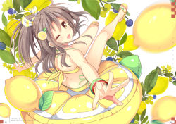 Rule 34 | 1girl, bikini, bracelet, brown eyes, brown hair, butt crack, food, foreshortening, from behind, fruit, hair between eyes, hair ornament, high ponytail, jewelry, kantai collection, kawai maria, lemon, light brown hair, long hair, looking at viewer, looking back, open mouth, outstretched arms, oversized object, ponytail, sandals, side-tie bikini bottom, sitting, smile, solo, swimsuit, yellow bikini, zuihou (kancolle)