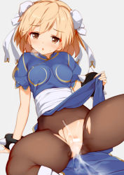 Rule 34 | 1girl, aftersex, blonde hair, blush, boots, bracelet, breasts, brown eyes, bun cover, capcom, censored, china dress, chinese clothes, chun-li, chun-li (cosplay), cosplay, cum, cum in pussy, cumdrip, djeeta (granblue fantasy), double bun, dress, granblue fantasy, hair bun, heavy breathing, jewelry, kaisen chuui, looking at viewer, no panties, open mouth, pantyhose, pelvic curtain, puffy short sleeves, puffy sleeves, pussy, sash, short hair, short sleeves, simple background, sitting, solo, spiked bracelet, spikes, spread legs, street fighter, torn clothes, torn pantyhose, white background
