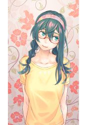 Rule 34 | 10s, 1girl, alternate costume, alternate hairstyle, arms behind back, black hair, braid, casual, collarbone, floral background, floral print, glasses, green eyes, hair between eyes, hair over shoulder, hairband, head tilt, highres, kantai collection, long hair, looking to the side, ooyodo (kancolle), red-framed eyewear, semi-rimless eyewear, shirt, short sleeves, smile, solo, t-shirt, twin braids, under-rim eyewear, upper body, yellow shirt, yuuji (and)