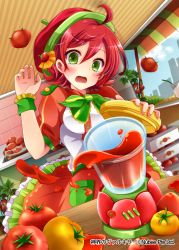 Rule 34 | 1girl, ahoge, blender (object), blush, company name, food, green eyes, green ribbon, hat, juice, looking away, open mouth, picpicgram, red hair, red hat, ribbon, shinkai no valkyrie, short hair, solo, table, tearing up, tomato, tomato juice, window