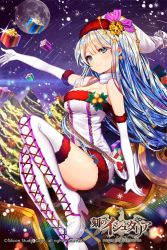 Rule 34 | 1girl, age of ishtaria, bad id, bad pixiv id, blonde hair, blue eyes, blue hair, boots, box, breasts, christmas, christmas tree, cleavage, copyright name, copyright notice, cross-laced footwear, dress, elbow gloves, female focus, flying, gambe, gift, gloves, hair ornament, hat, high heels, jewelry, lace-up boots, long hair, matching hair/eyes, medium breasts, moon, multicolored hair, night, original, ribbon, side ponytail, sky, smile, snow, solo, star (symbol), strapless, thigh boots, thighhighs, tree, two-tone hair, watermark, white footwear, white gloves, white thighhighs