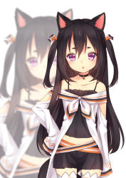 Rule 34 | 1girl, absurdres, animal ears, bare shoulders, black hair, bow, choker, collarbone, hair bow, hand on own hip, highres, kyuri tizu, long hair, midriff, original, purple eyes, solo, tail, thighhighs, two side up, wolf ears, wolf tail, zettai ryouiki, zoom layer
