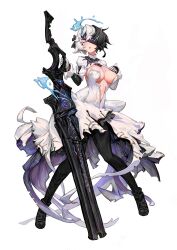Rule 34 | 1girl, absurdres, black footwear, black hair, black pantyhose, blue eyes, breast tattoo, breasts, center opening, cleavage, dress, full body, gloves, gun, hair over one eye, hand on own chest, highres, holding, holding gun, holding weapon, huge weapon, large breasts, looking at viewer, multicolored hair, navel, original, pantyhose, parted lips, ringed eyes, short hair, shrug (clothing), simple background, solo, split-color hair, standing, stomach tattoo, tattoo, thelastsliver, weapon, white background, white dress, white gloves, white hair