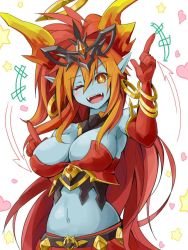 Rule 34 | 1girl, :d, ;d, armpits, arrow (symbol), bangle, bare shoulders, belt, blue skin, blush, bracelet, breasts, cleavage, colored skin, demon girl, demon horns, earrings, elbow gloves, fangs, gloves, grin, hair between eyes, heart, hera-ur (p&amp;d), hera (p&amp;d), hoop earrings, horns, jewelry, jpeg artifacts, large breasts, long hair, looking at viewer, lots of jewelry, matching hair/eyes, memento vivi, midriff, multicolored hair, navel, one eye closed, open mouth, orange eyes, orange hair, pointing, pointing up, pointy ears, puzzle &amp; dragons, red gloves, red hair, simple background, smile, solo, star (symbol), symbol-shaped pupils, tiara, very long hair, white background