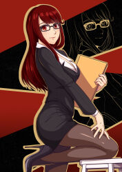 Rule 34 | 1girl, absurdres, black footwear, black jacket, black skirt, blueriest, breasts, chair, cleavage, closed mouth, collared shirt, folder, glasses, hand on own thigh, high heels, highres, holding, holding folder, jacket, knee up, large breasts, leg up, long hair, looking at viewer, medium breasts, office lady, pantyhose, pencil skirt, persona, persona 5, pumps, red eyes, red hair, shirt, shoes, skirt, smile, solo, stiletto heels, thighs, three-toned background, yoshizawa kasumi